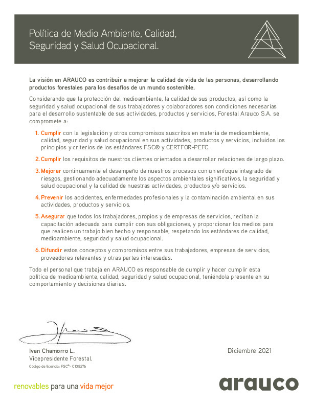 Quality, Environmental, and Occupational Health and Safety Policy Forestal