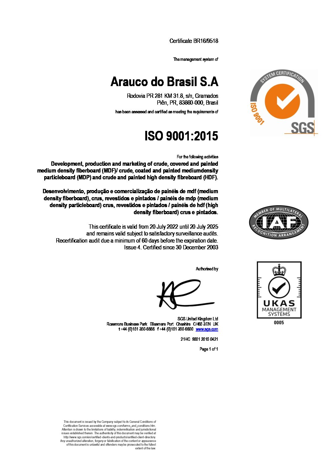 ISO 9001 2015 ARAUCO PIEN Val 2025 Arauco Brasil