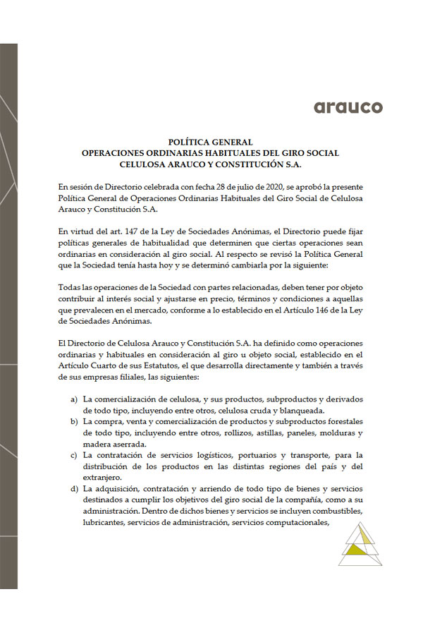 Política general de operaciones ordinarias habituales del giro social Celulosa Arauco y Constitución S.A.