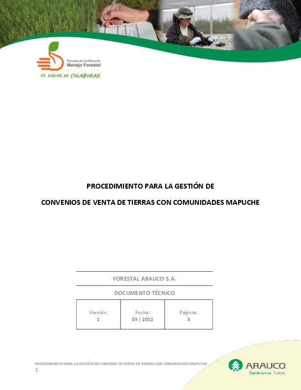 Procedimiento Gestión Convenios de Venta de Tierra a comunidades mapuche v1 2012 09