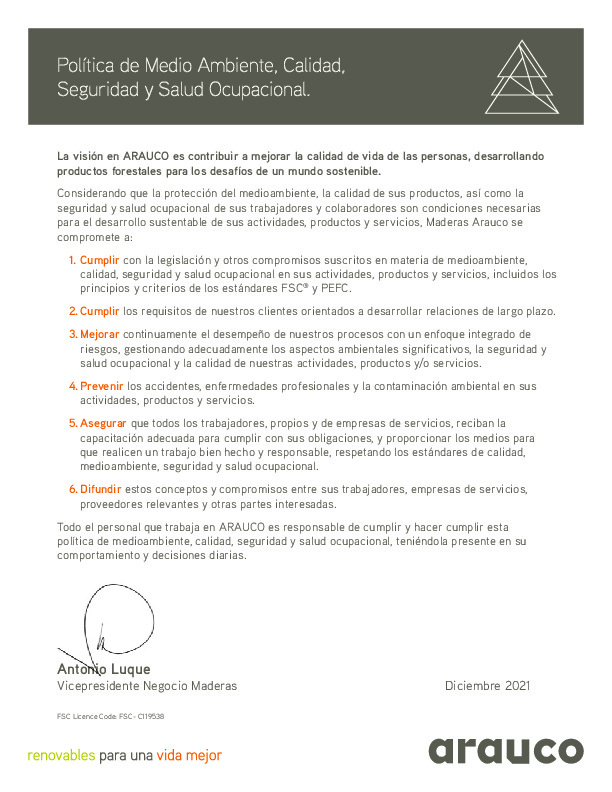 Quality, Environmental, and Occupational Health and Safety Policy Maderas