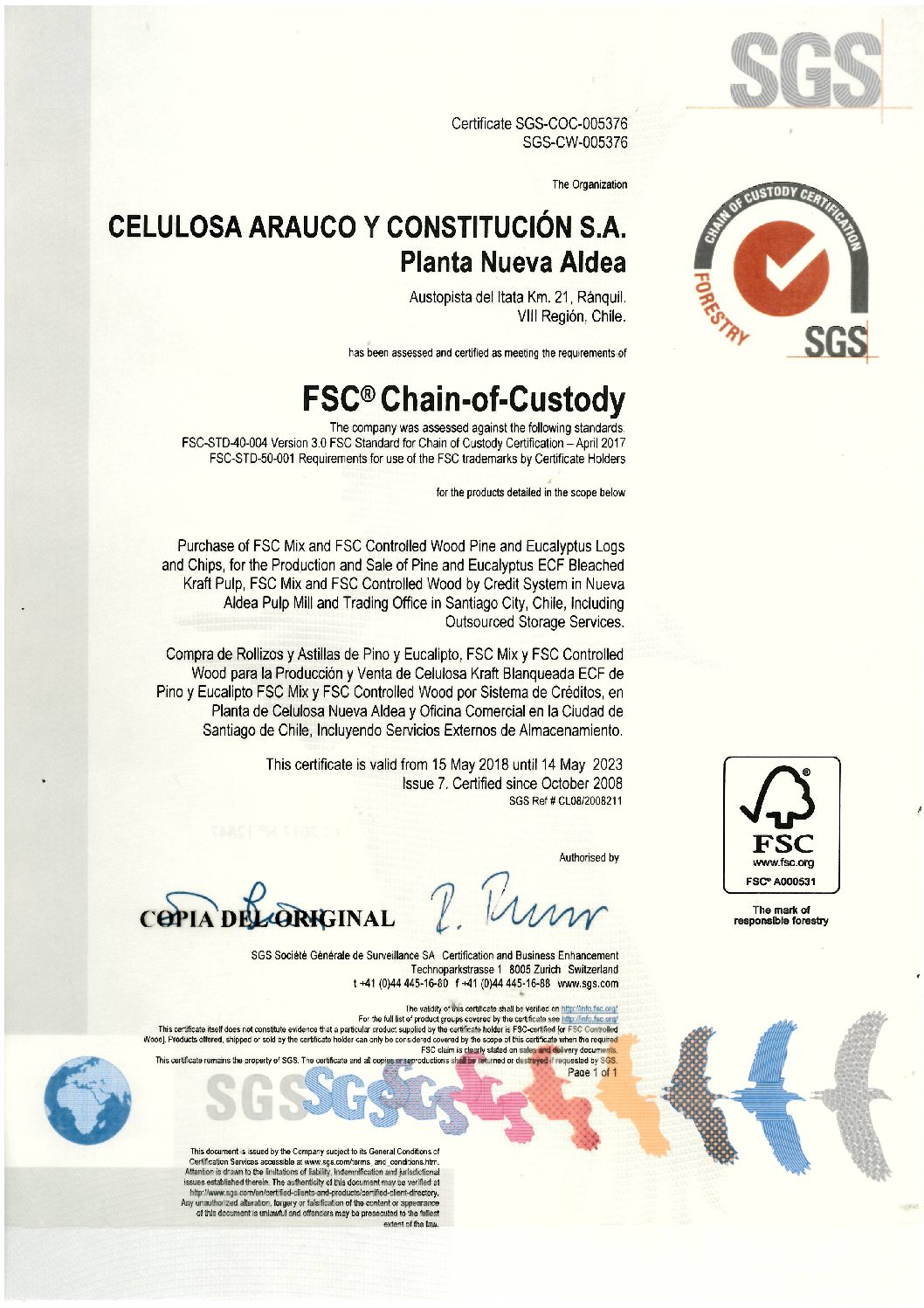 CERT. CoC FSC Celulosa Planta Nueva Aldea - Arauco