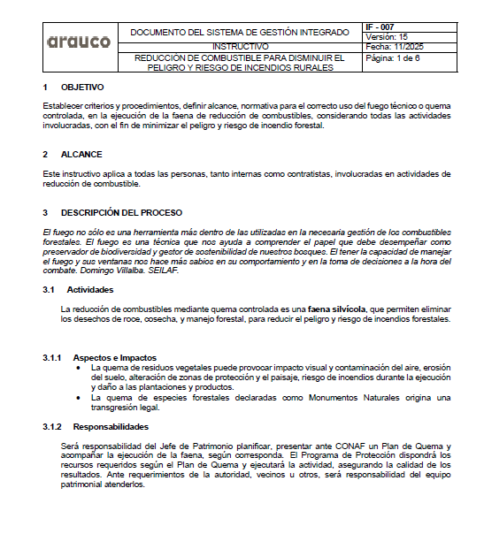 Reducción de combustible para disminuir peligro y riesgo de incendios rurales (IF-007 v15 11.2025)